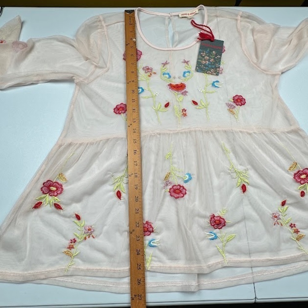 Grand Greene Top Womens Large Pink Embroidered Floral Sheer Romantic Whimsy Boho - Picture 12 of 13